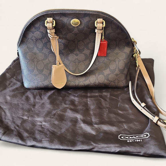 Coach Signature Satchel in Brown and Tan (Peyton Cora Domed Satchels) - Picture 1 of 7